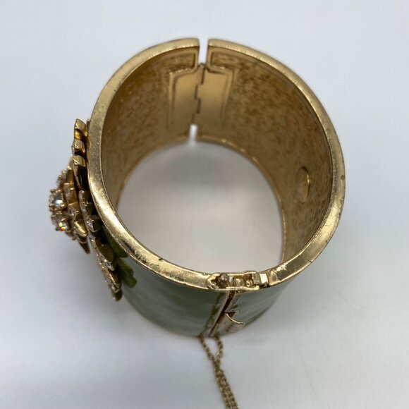 Vtg J. Crew Wide Bracelet Starburst Atomic Rhinestone Green Enamel Hinged Bangle - Picture 7 of 11